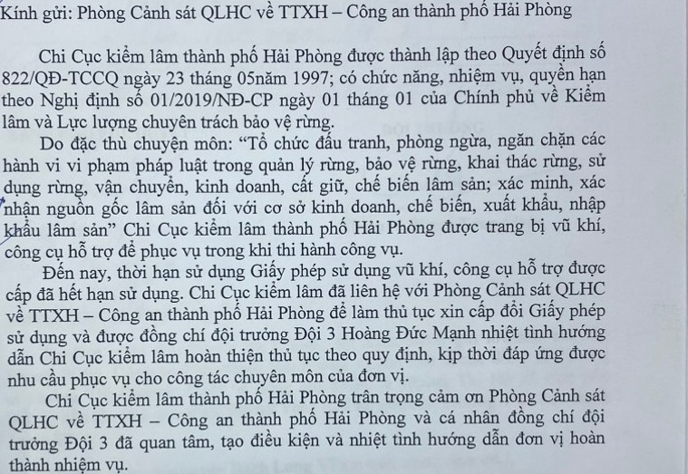 Chi Cục kiểm lâm gửi thư cảm ơn Phòng Cảnh sát quản lý hành chính về trật tự xã hội